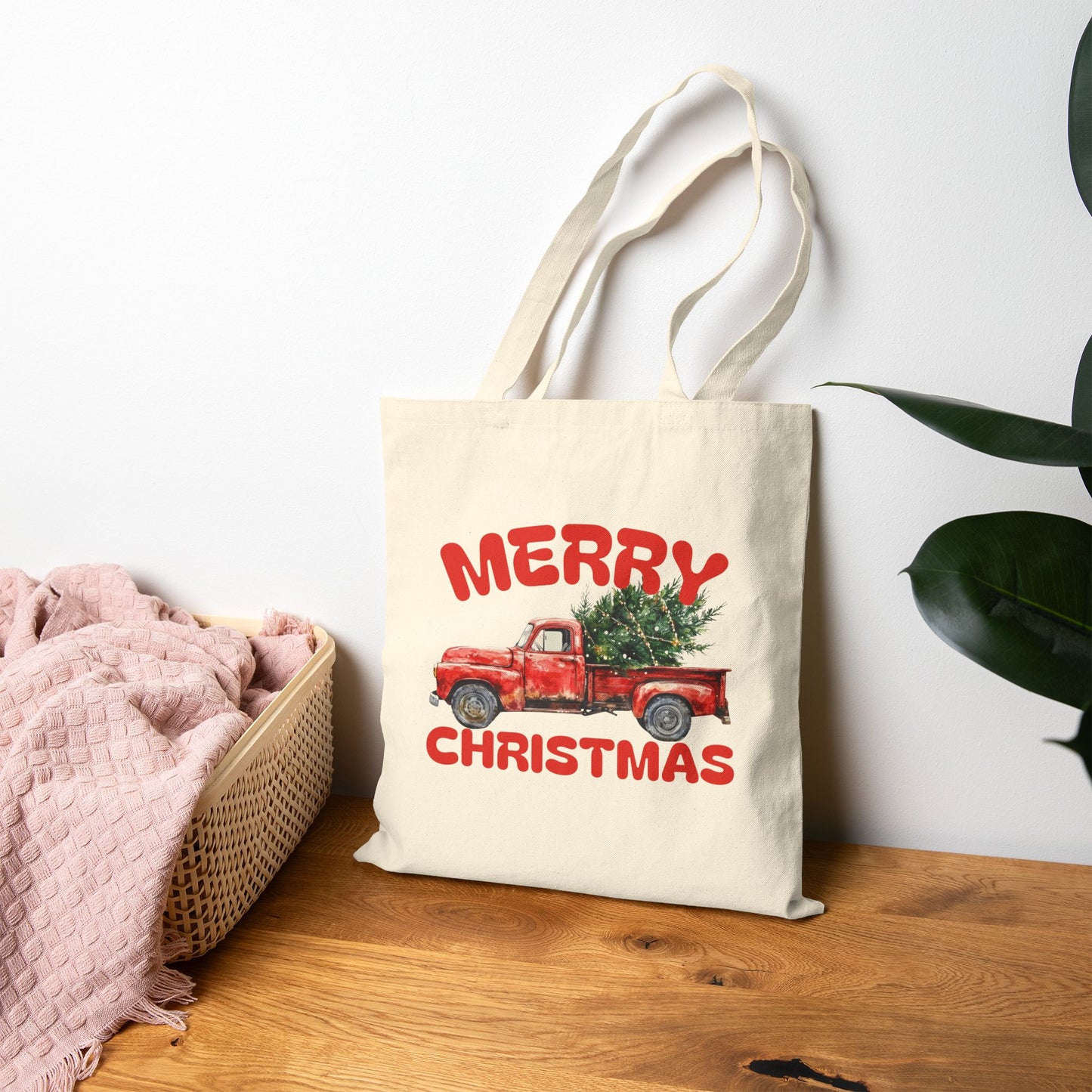 Red Vintage Truck with Christmas Tree Tote Bag | Merry Christmas Canvas Tote