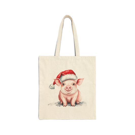 Festive Piggy Tote Bag with Santa Hat, Cute Canvas Bag for Shopping, Gifts, Beach, Holiday Decor, Animal Lover Merchandise