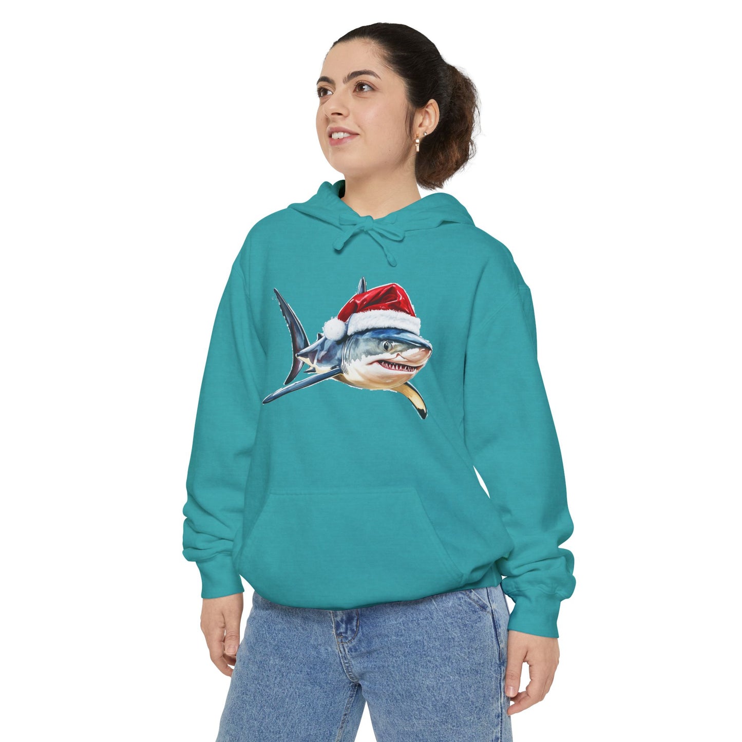 Festive Shark Hoodie, Unisex Holiday Apparel, Cute Christmas Gift, Casual Winter Fashion, Cozy Beachwear