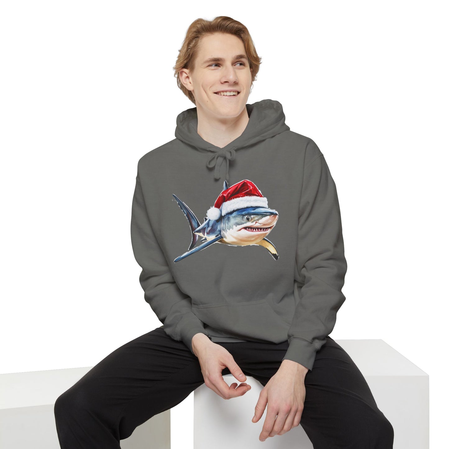 Festive Shark Hoodie, Unisex Holiday Apparel, Cute Christmas Gift, Casual Winter Fashion, Cozy Beachwear