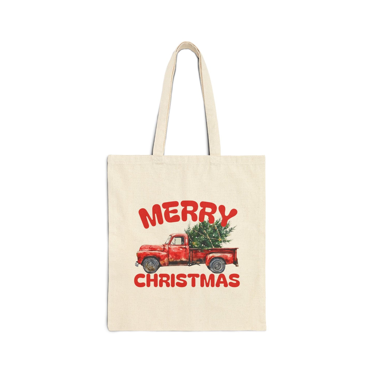 Red Vintage Truck with Christmas Tree Tote Bag | Merry Christmas Canvas Tote