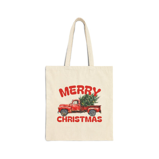 Red Vintage Truck with Christmas Tree Tote Bag | Merry Christmas Canvas Tote