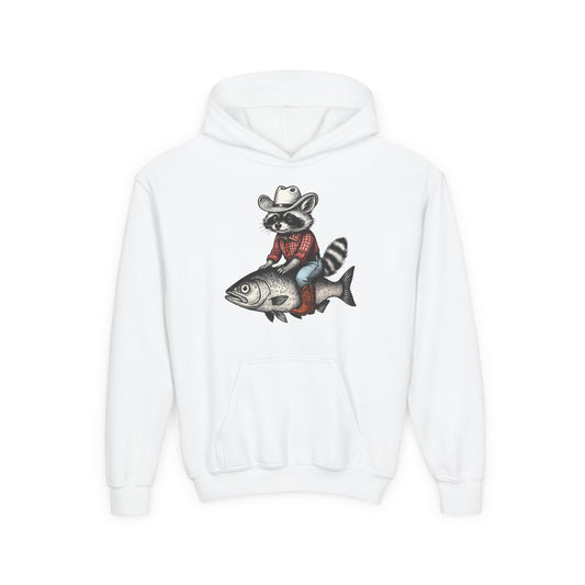 Youth Hoodie — Raccoon Cowboy Riding Fish Graphic